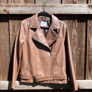 Old Navy size L Faux Leather Brown Biker Jacket with Zippers, Belt, and Pockets
